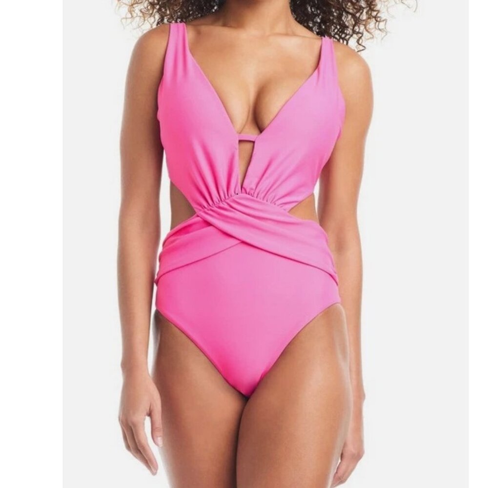 NWT Bar III Women's Draped Monokini One-Piece Swimsuit, Candy Kiss Pink